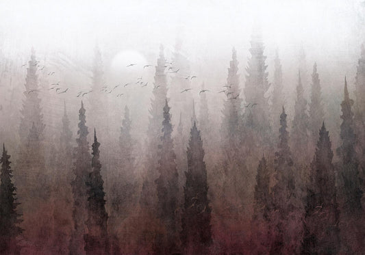 Fotobehang - Bird's flight over treetops - landscape of a dark forest in fog