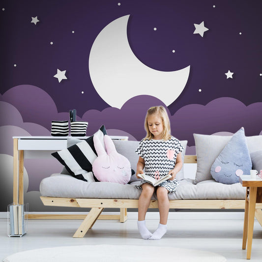 Fotobehang - Moon dream - clouds in a purple sky with stars for children