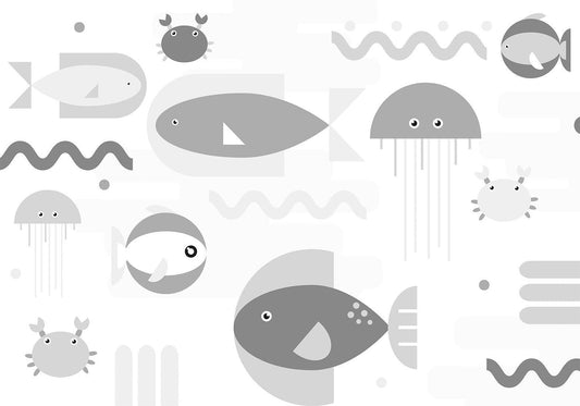 Fotobehang - Minimalist grey ocean - geometric fish in water for children