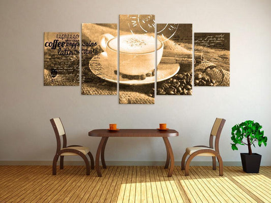 Schilderij - Coffe, Espresso, Cappuccino, Latte machiato - sepia