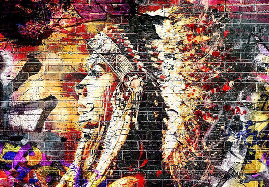 Fotobehang - Street art - colourful graffiti with profile of a woman on a brick background