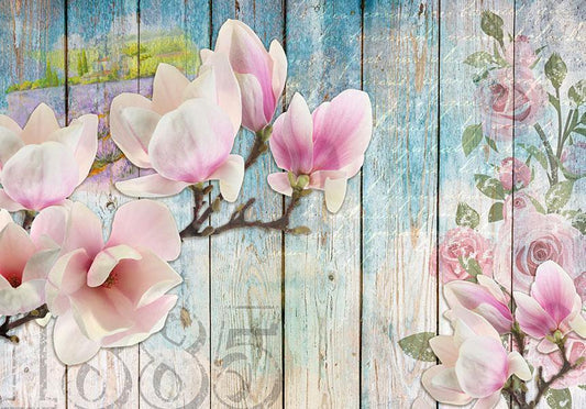 Fototapete - Rosa Blumen auf Holz