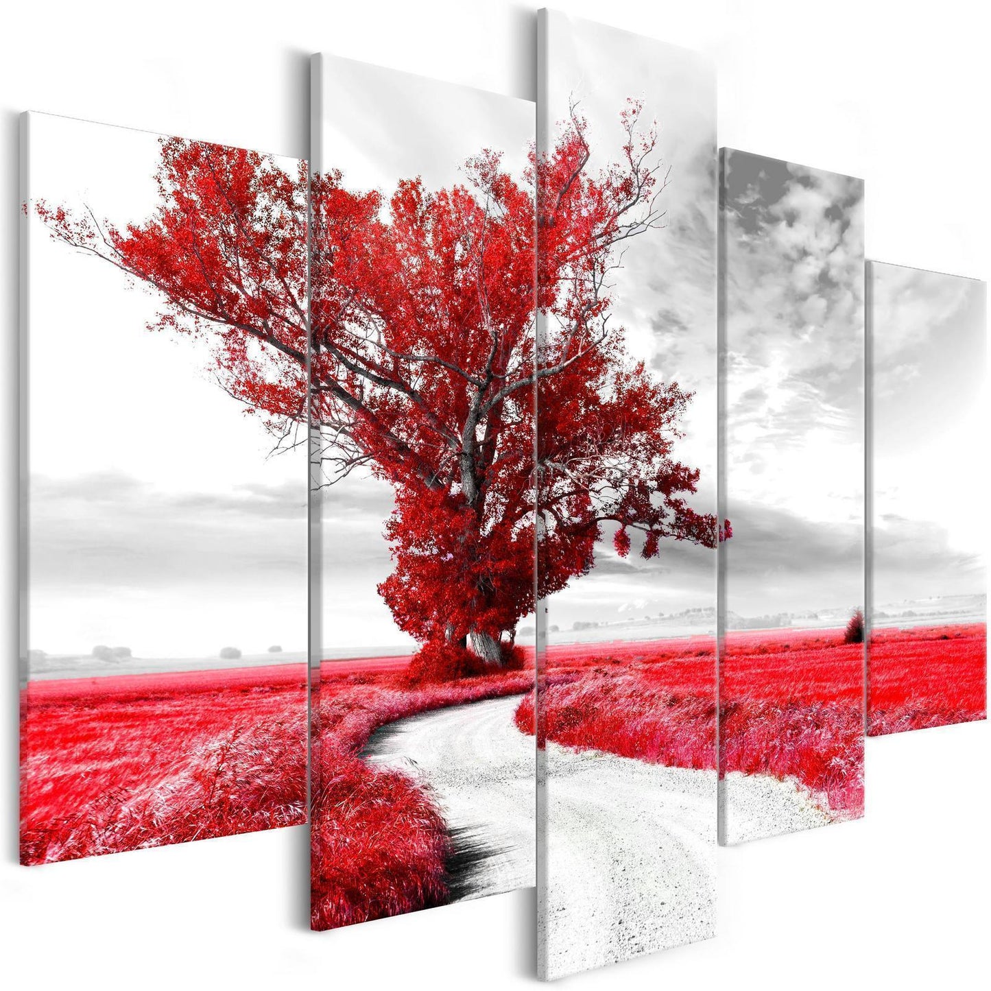 Gemälde - Baum in der Nähe der Straße (5 Teile) Rot