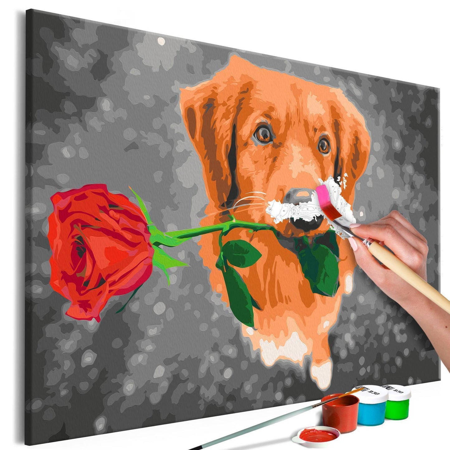 DIY-Leinwandgemälde – Hund mit Rose 