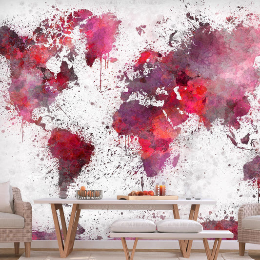Fotobehang - World Map: Red Watercolors