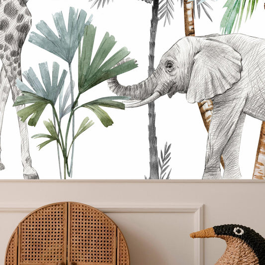 Fotobehang - Jungle Animals Wallpaper for Children's Room in Cartoon Style