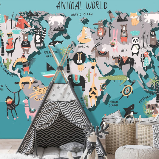 Fotobehang - Geography lesson for children - colourful world map with animals