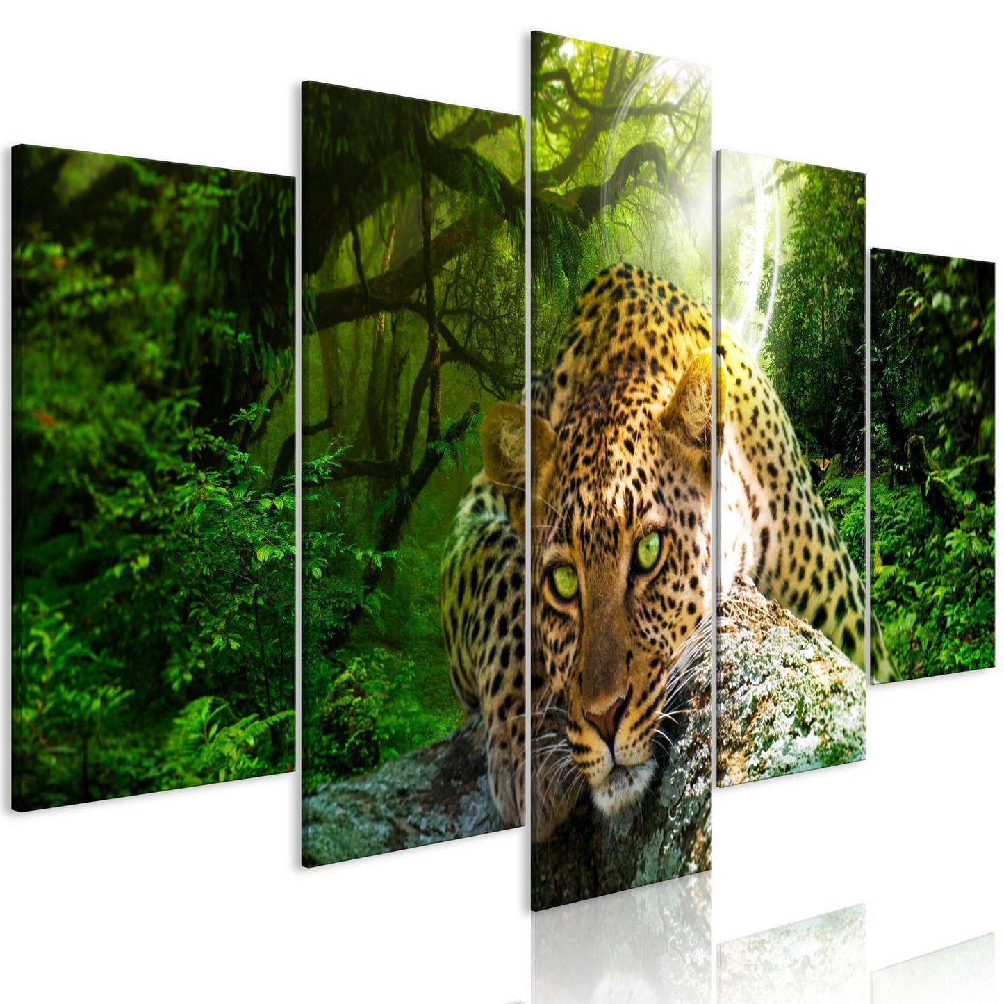 Gemälde - Liegender Leopard (5 Teile) Breitgrün
