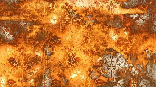 Fotobehang - Orange motif - background with numerous ornaments and scratch effect