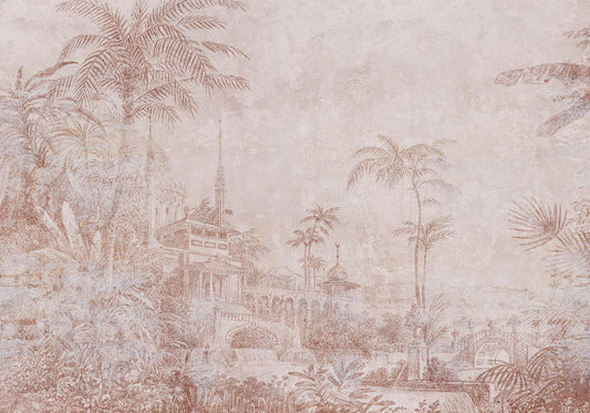 Fotobehang - Landscape with temple - engraving of Indian architecture with palm trees