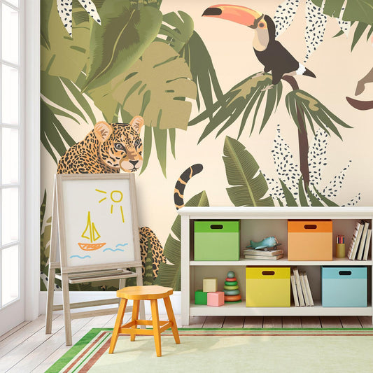 Fotobehang - Leaves and Shapes - Jungle in Faded Colours With Animals