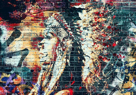 Fotobehang - Street art - colourful graffiti with profile of a woman on a brick background