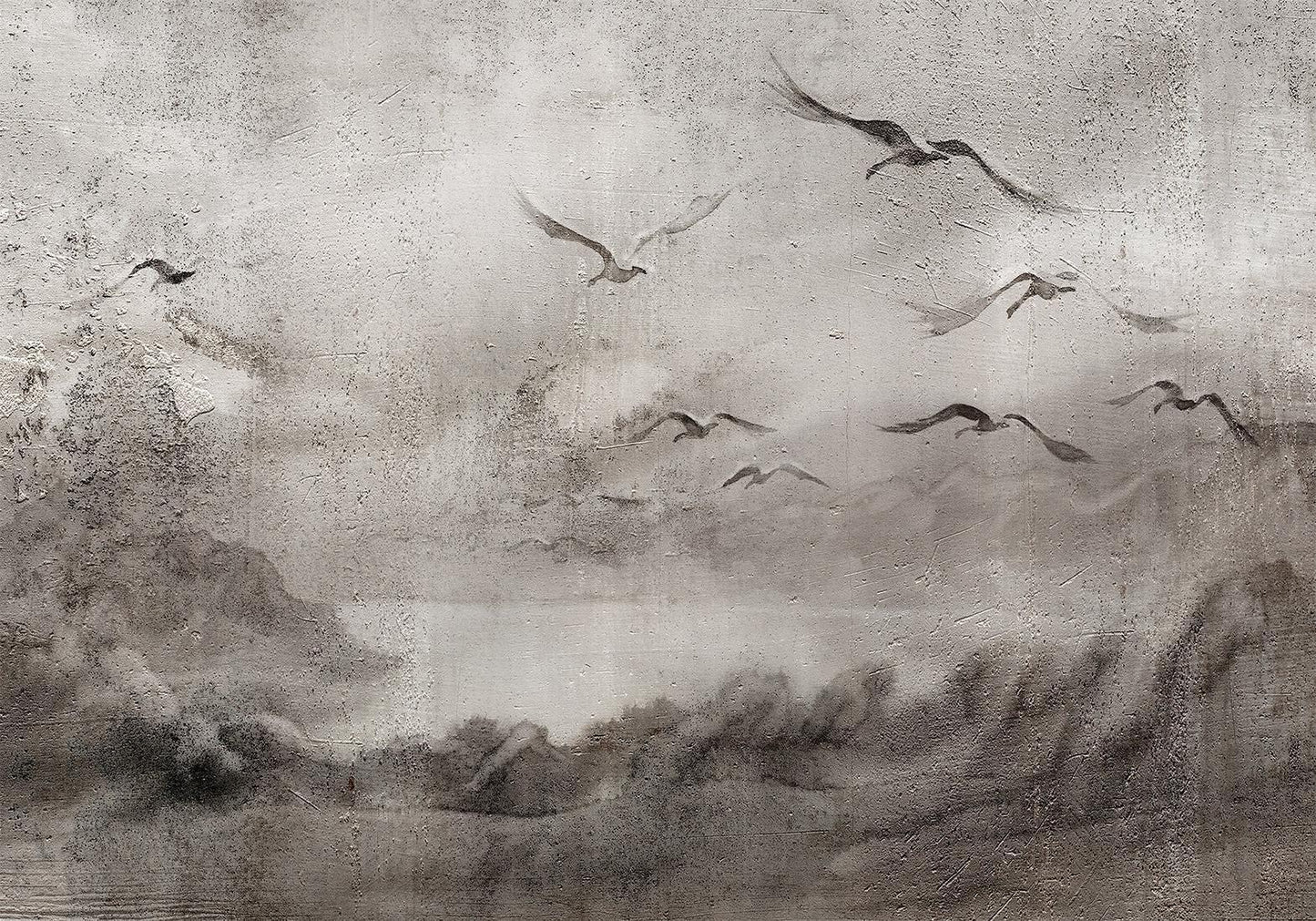 Fotobehang - Swan flight - abstract landscape of birds over a lake with texture
