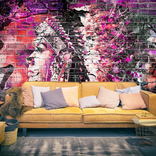 Fotobehang - Street art - graffiti with profile of a woman in shades of pink and purple