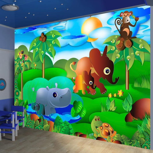 Fotobehang - Wild Animals in the Jungle - Elephant, monkey, turtle with trees for children