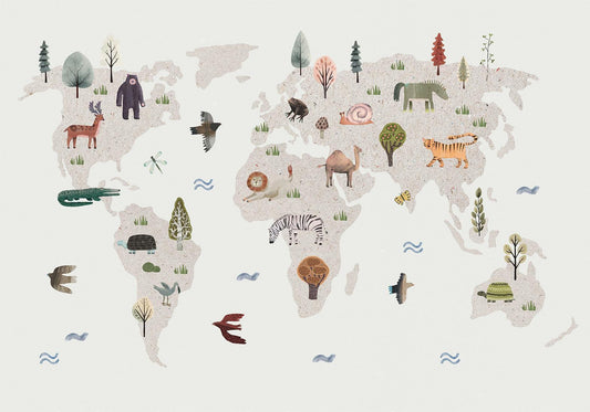 Fotobehang - Beige World - Continents With Animals in Muted Colours