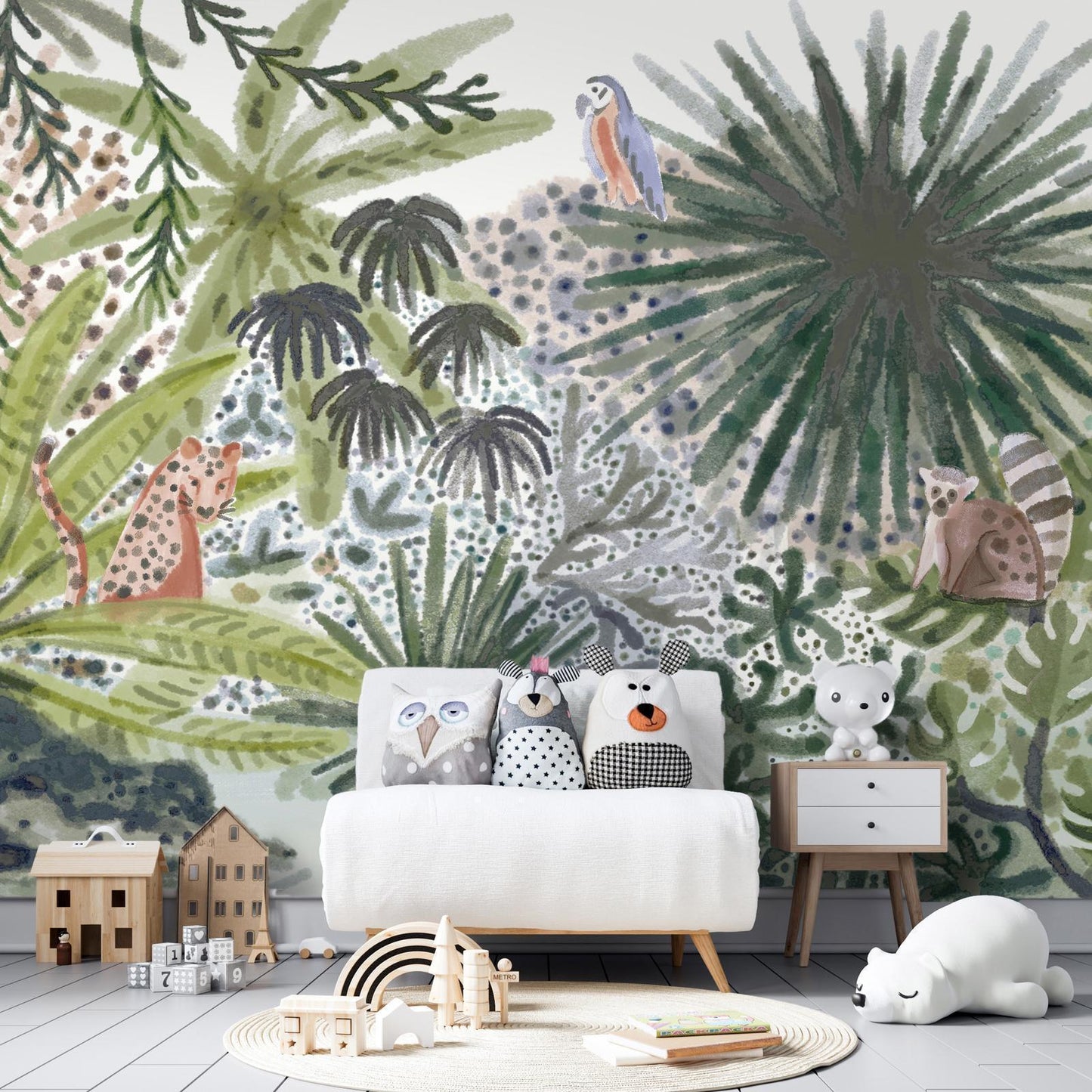 Fotobehang - Flora of Madagascar - Tropical Landscape With Watercolour Animals