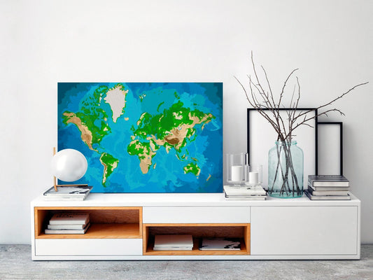 Doe-het-zelf op canvas schilderen - World Map (Blue & Green)
