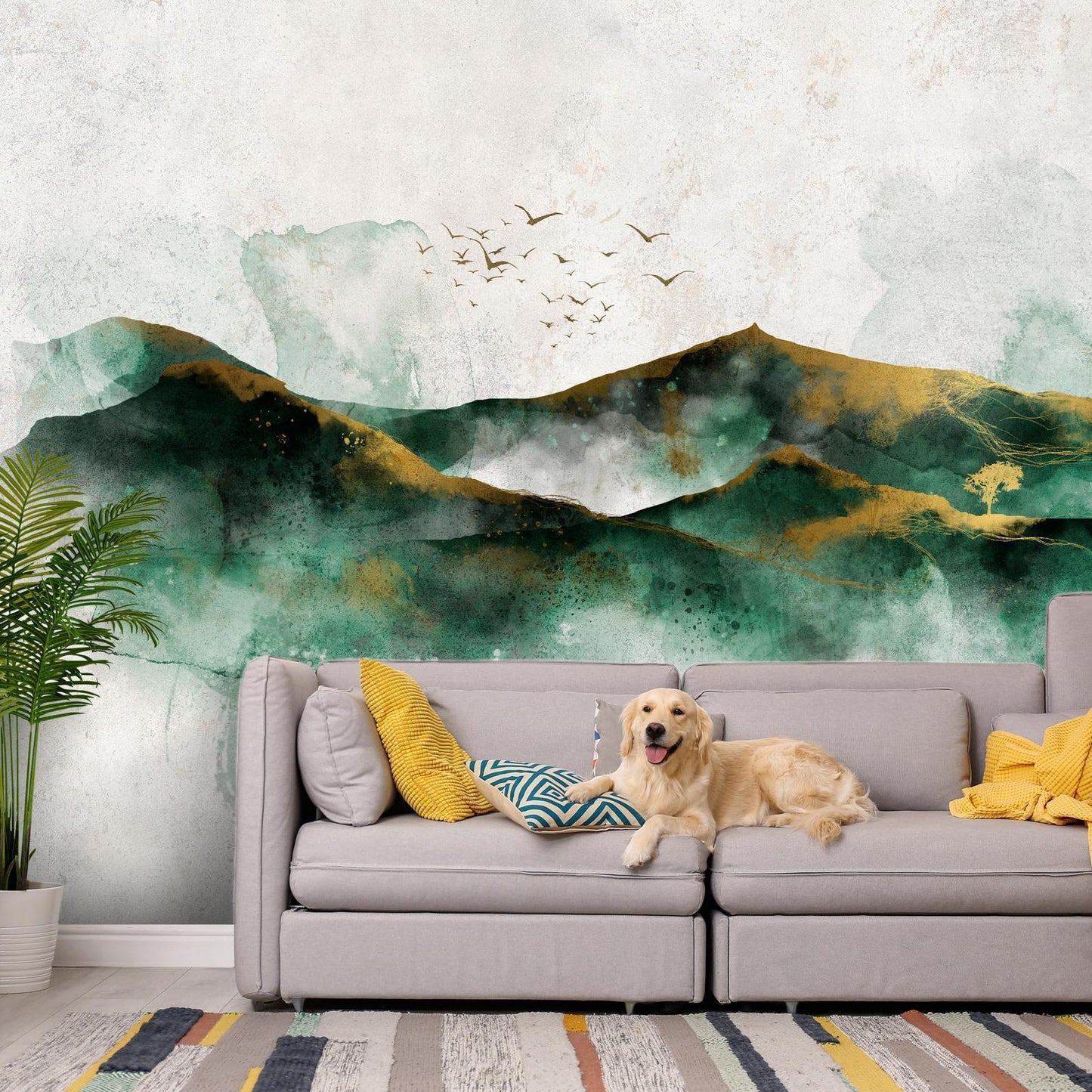 Fotobehang - Abstract landscape - green mountains with golden patterns and birds