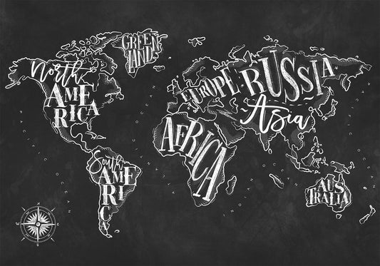 Fotobehang - Modern world map - black and white continents with English names