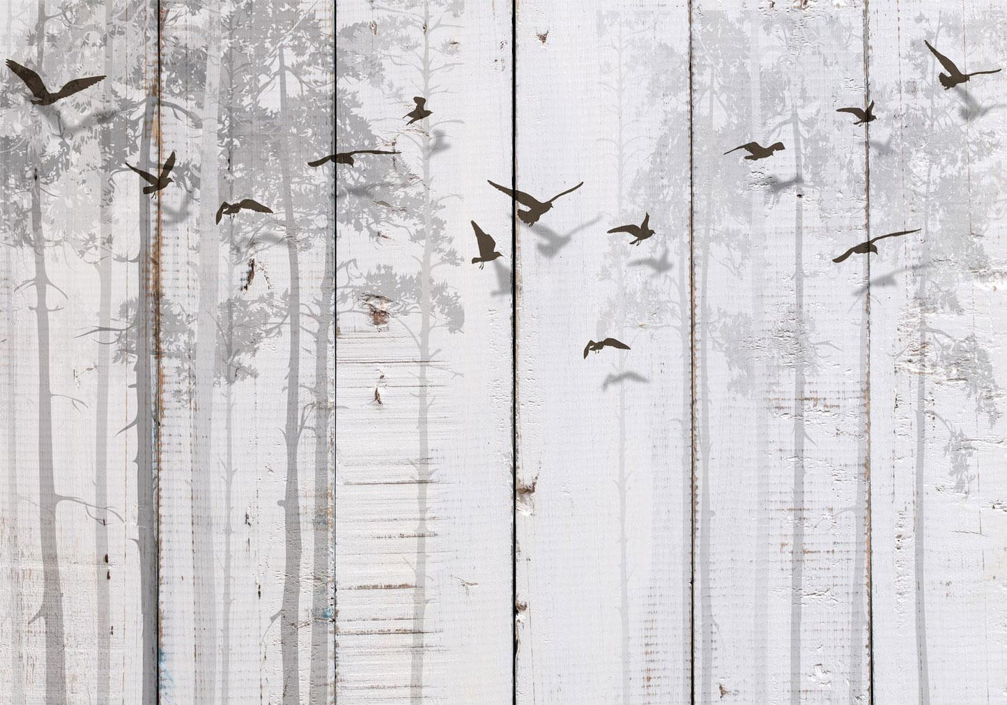 Fotobehang - Minimalist motif - black birds on a white background with wood texture