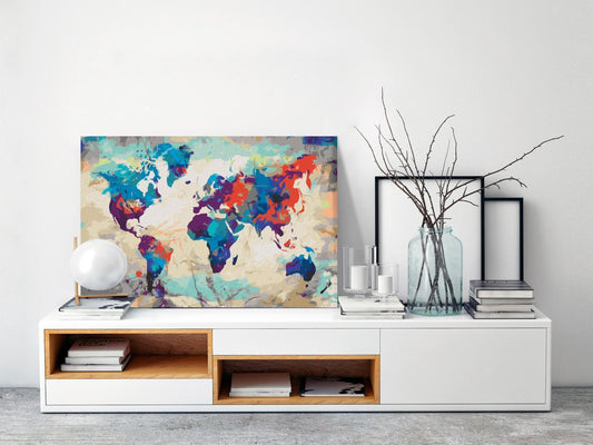 Doe-het-zelf op canvas schilderen - World Map (Blue & Red)