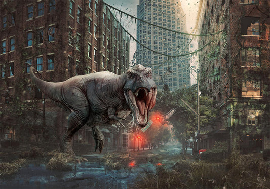 Selbstklebende Fototapete - Dinosaurier in der Stadt