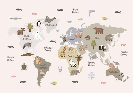 Fotobehang - Pastel Map - Animals and Continents for Children's Room