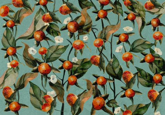 Fotobehang - Orange grove - plant motif with fruit and leaves on a blue background