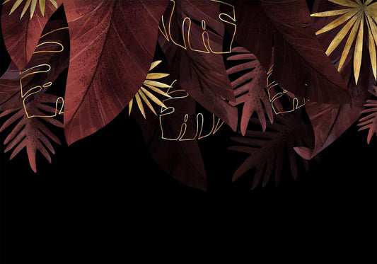 Fotobehang - Jungle and composition - red and gold leaf motif on black background