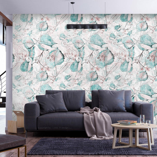 Fotobehang - Autumn souvenirs - floral pattern with turquoise leaves