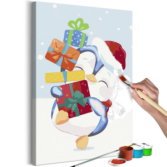 DIY-Leinwandgemälde – Pinguin mit einem Geschenk 