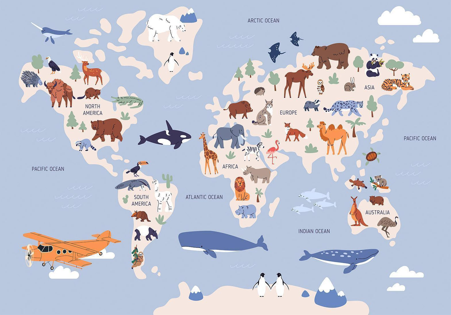 Fotobehang - World Map With Animal Illustrations