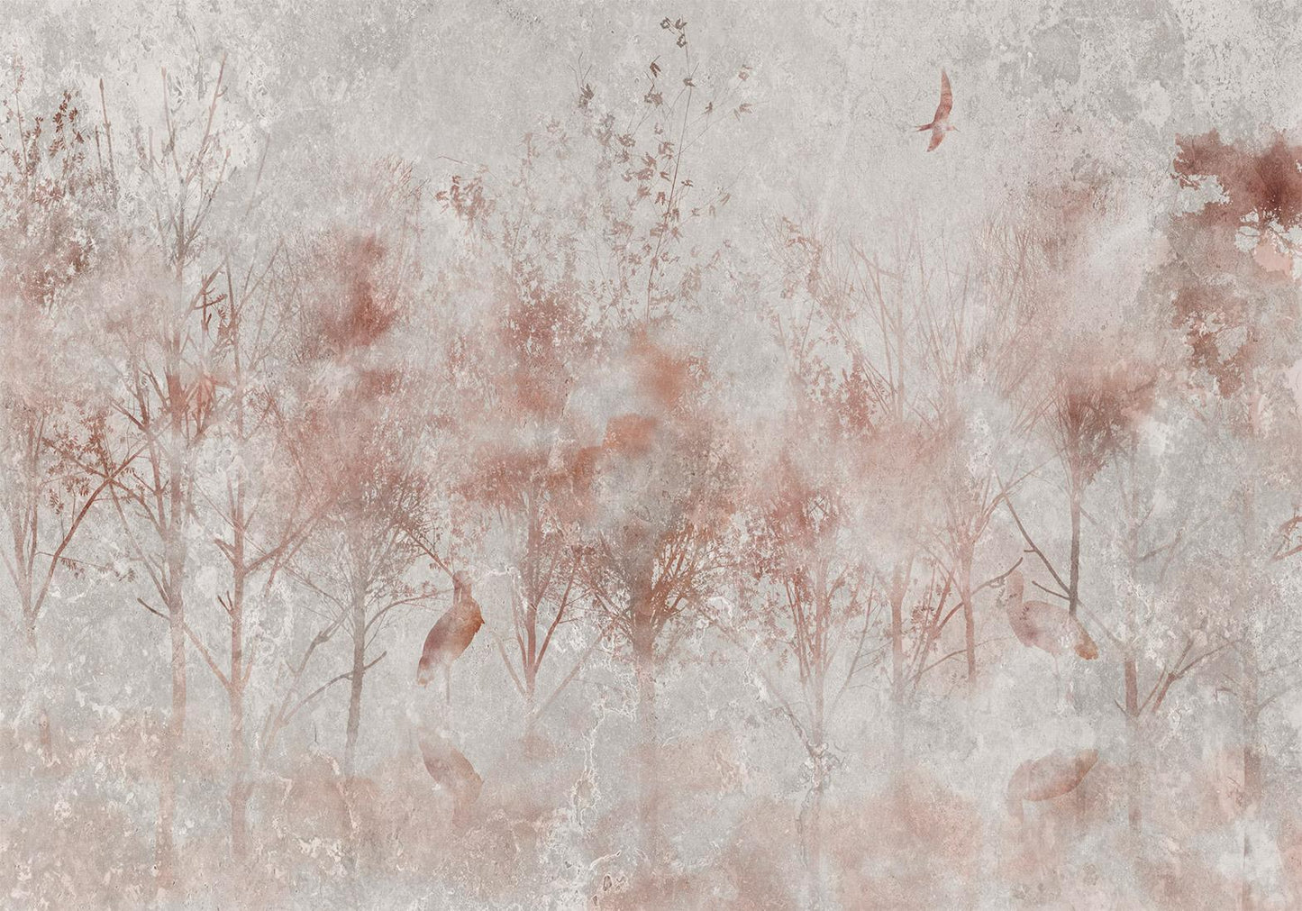 Fotobehang - Autumn landscape - abstract with trees and birds on a textured background