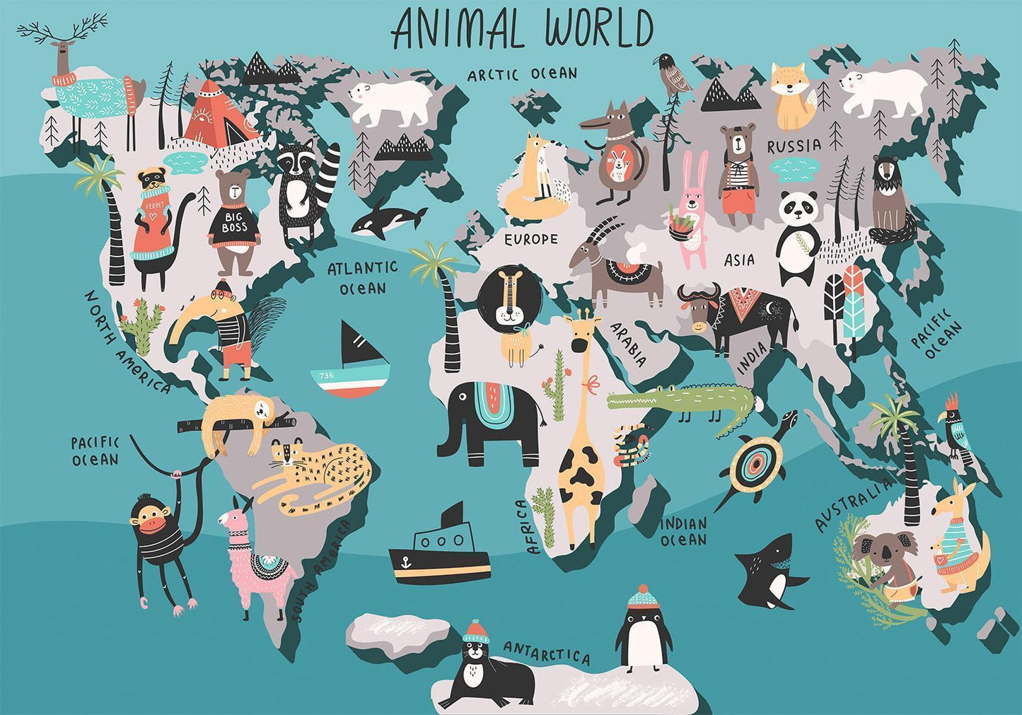 Fotobehang - Geography lesson for children - colourful world map with animals